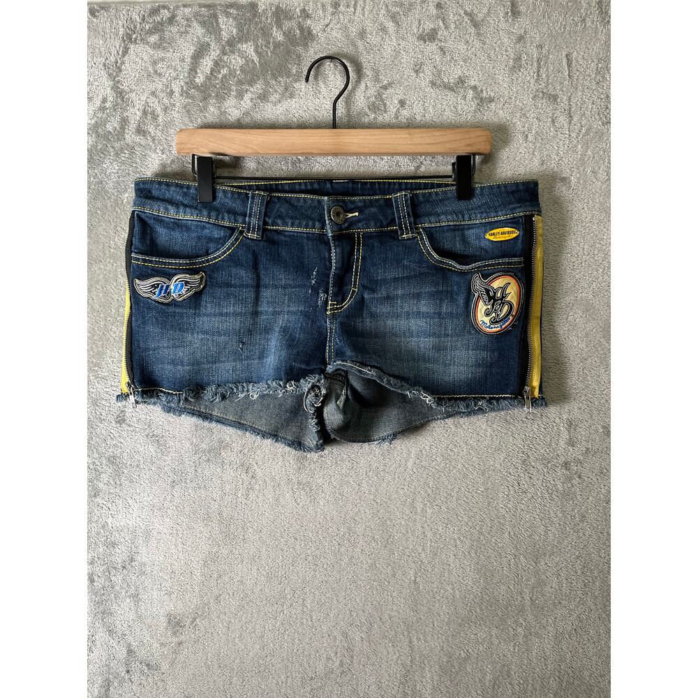 Harley Davidson Denim Cutoff Shorts Y2K Low Rise Patch Logo Zip Women’s 14